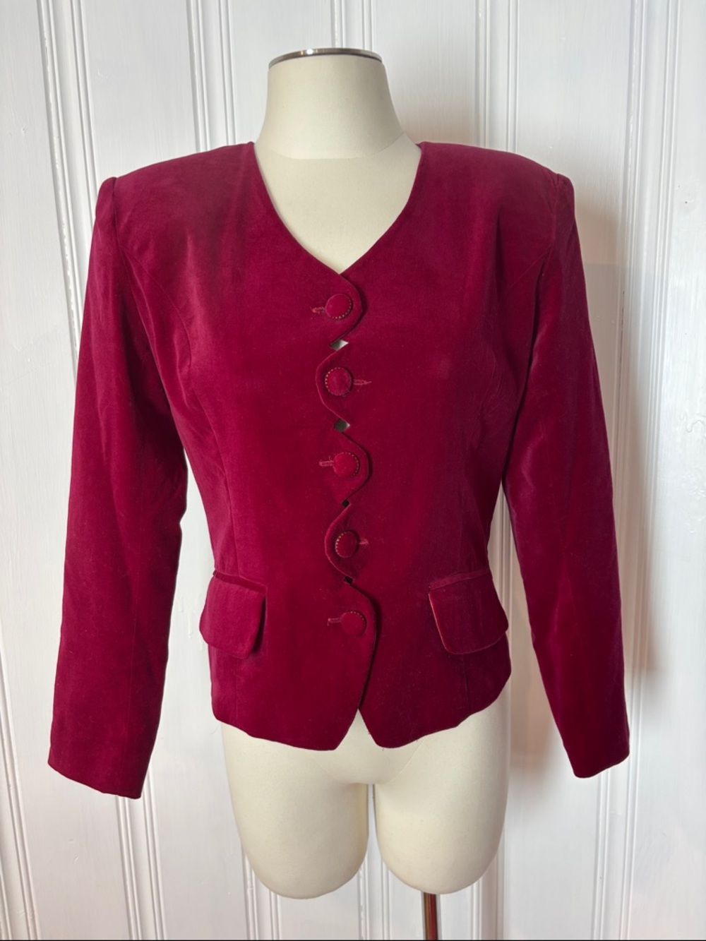 Vintage Raspberry Red Velvet Blazer Wavy Button Front Tailored Jacket - Size M